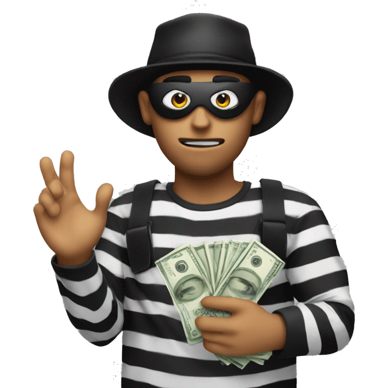 Robber where a black and white stripe shirt and black hat with a eye mask on holding a money bag emoji