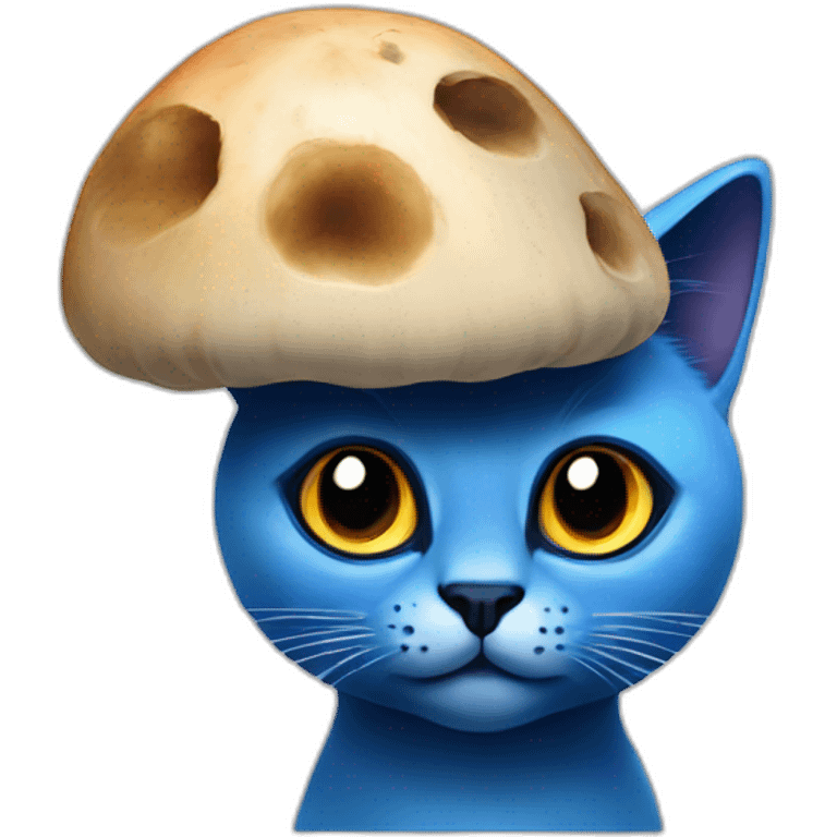 blue cat with big black eyes and a big mushroom on his head. emoji