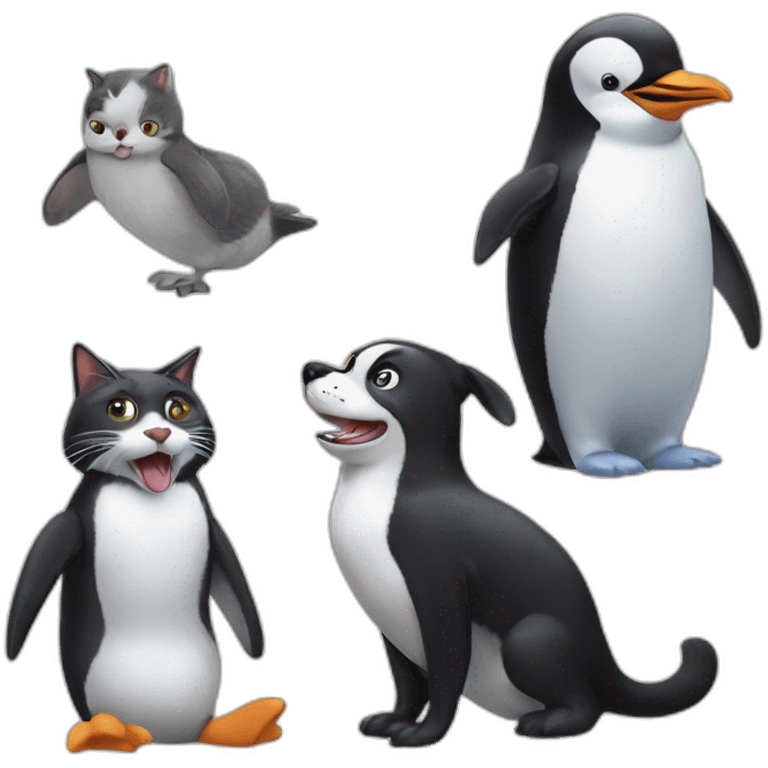 Penguin playing with dog and cat emoji