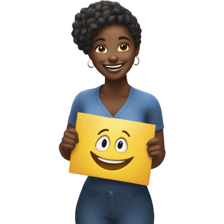 black woman holding up a sign with a smile emoji