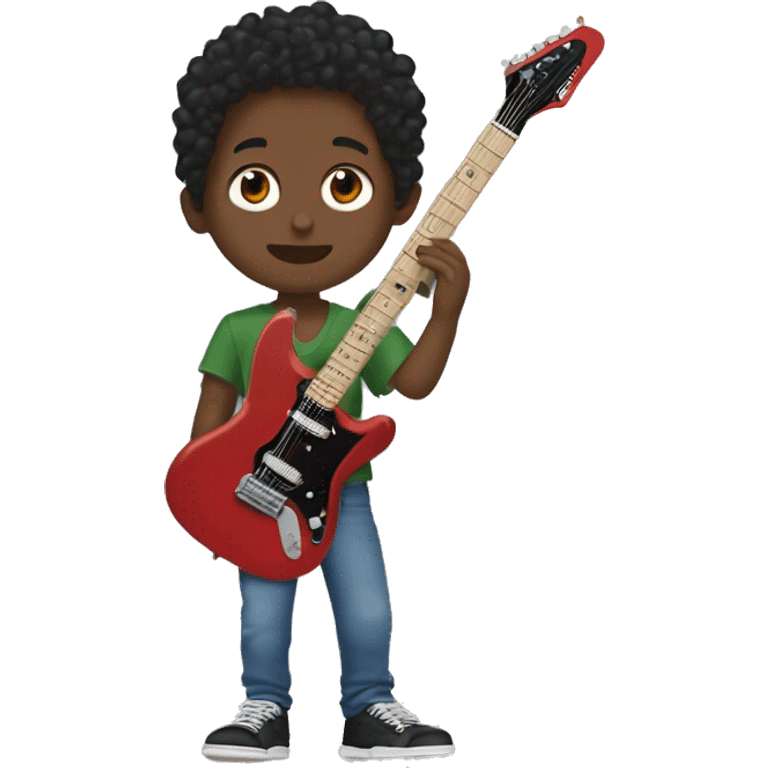  boy holding the red electric guitar. have green eyes and short curly hair.   nike jordan Travis Scott shoes.  blue jeans The boy is not white however not so dark.  Sightly tanned  emoji