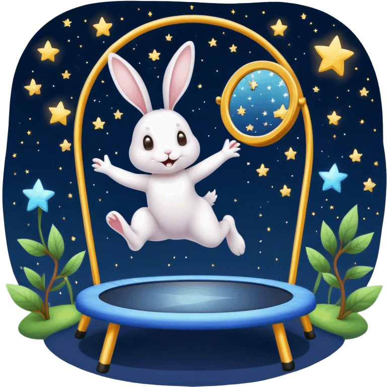 rabbit jumping on trampoline with faeries and starry sky and mirror emoji