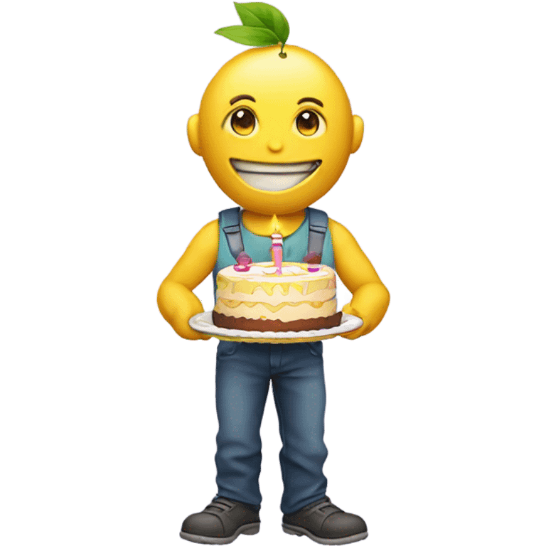 A  humanoid lemon with a birthday cake emoji