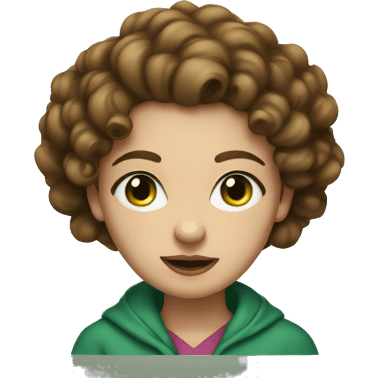 Woman with brown curly hair pinned up with a hairpin, blue eyes, green hoode emoji