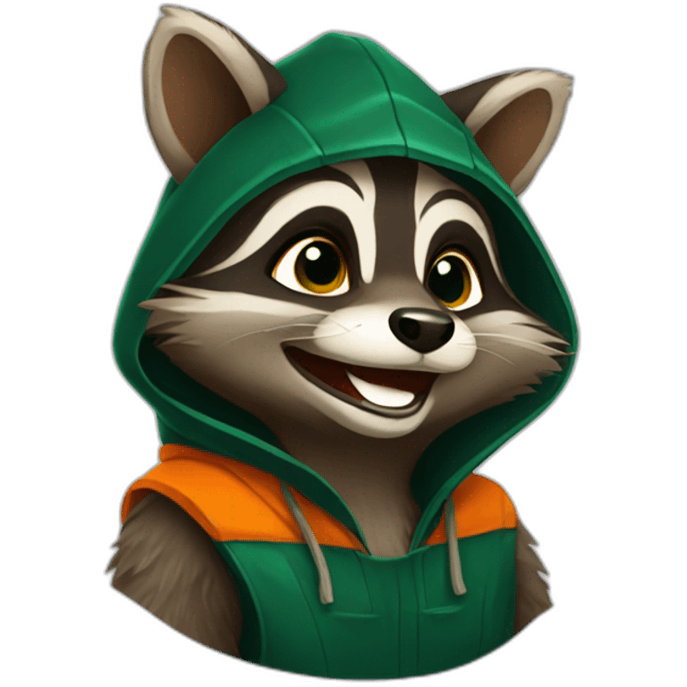 brown raccoon with orange eyes and a dark green hood that is laughing emoji