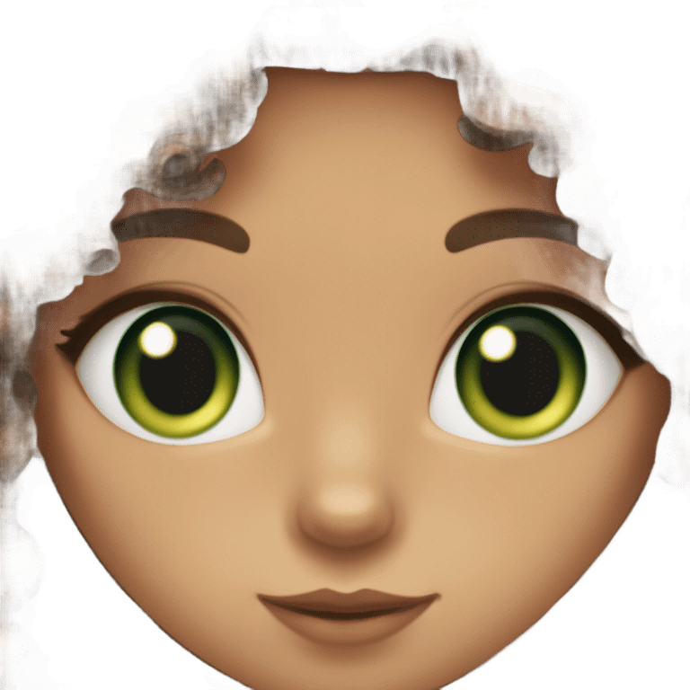 Girl with fair skin, hazel eyes, and long, dark brown curly hair kissing a brown tabby cat with green eyes on its head emoji