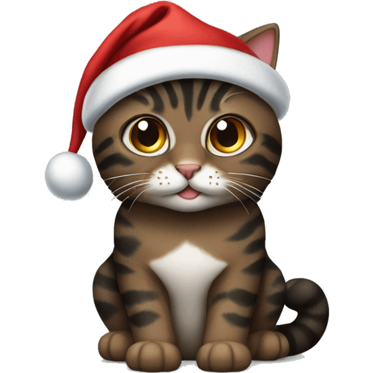 Black and brown tabby cat dark with Santa hat emoji