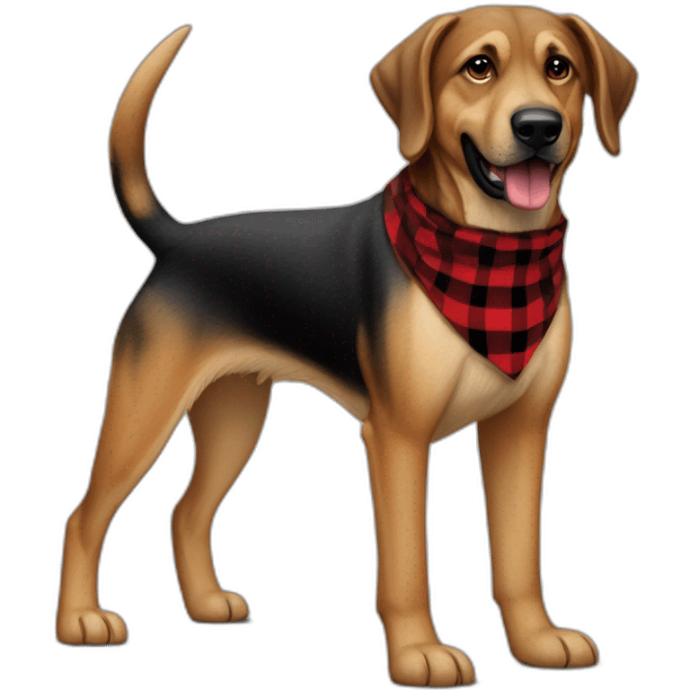 adult 75% Coonhound 25% German Shepherd mix dog with visible tail wearing small pointed red buffalo plaid bandana full body walking left quickly emoji