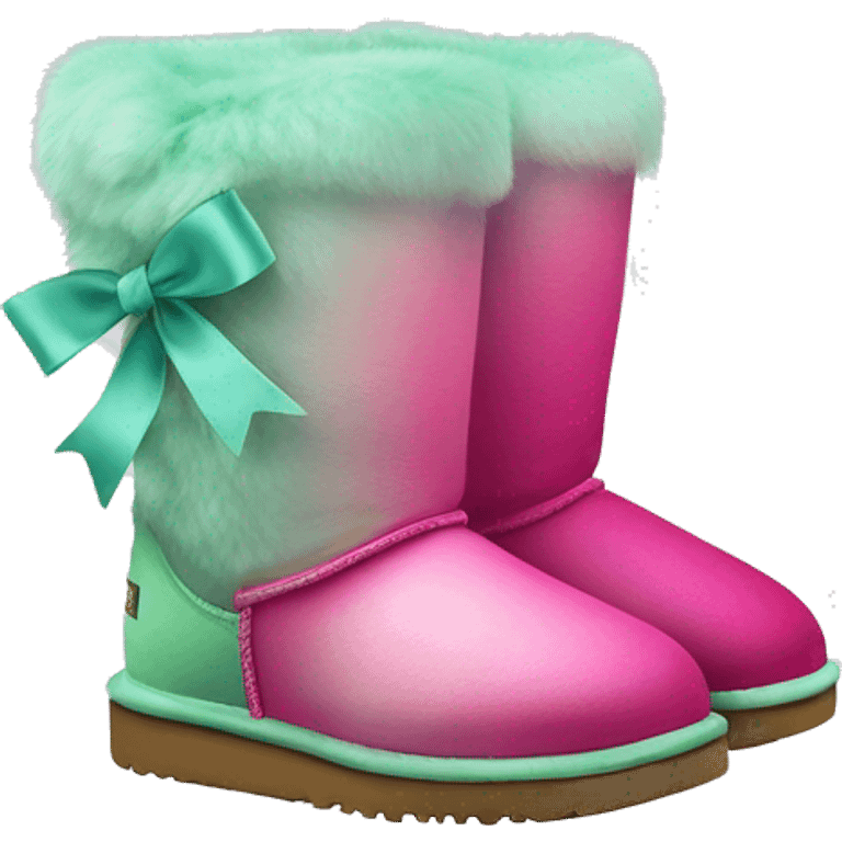 Realistic pair of hot pink to mint green ombre fur Ugg boots with silk ribbon bows. emoji