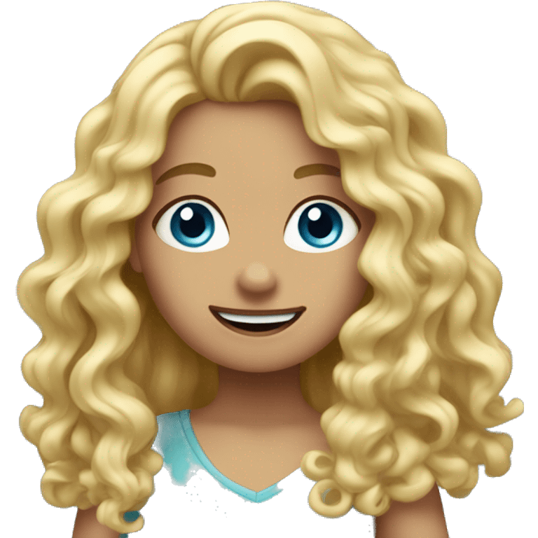 Girl with blue eyes and long blonde curly hair going thumbs up emoji