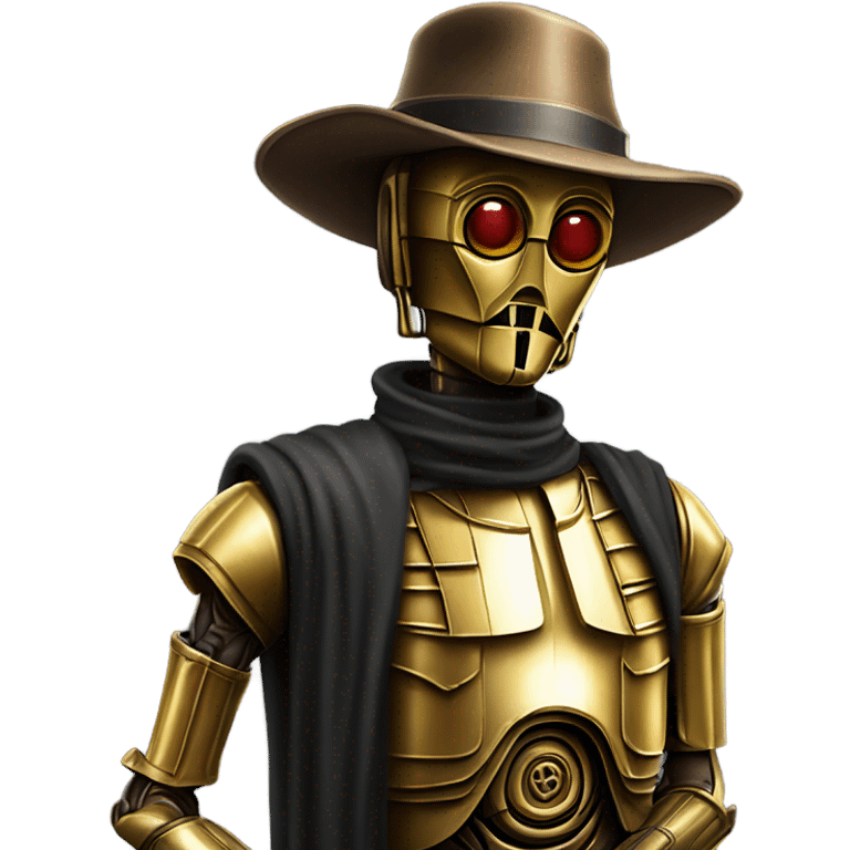 Old dirty west Bounty hunter C3po wearing small hat relaxed pose emoji