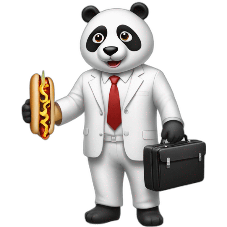 A professor with white suit and red tie and a panda face eating a hotdog and holding a black suitcase emoji