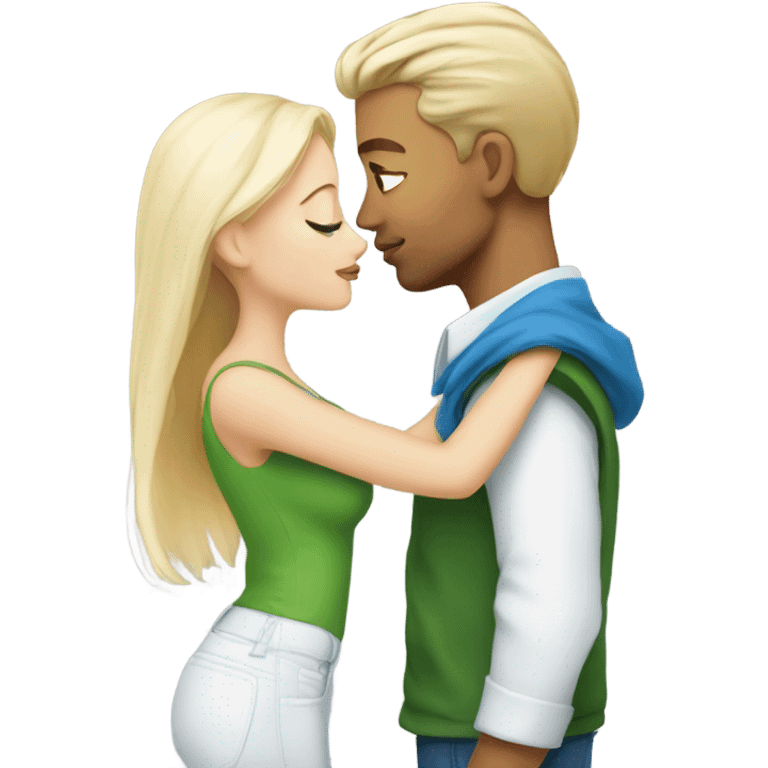 dirty blonde hair and blue eyes man sharing a kiss with platinum blonde hair green eyes woman emoji