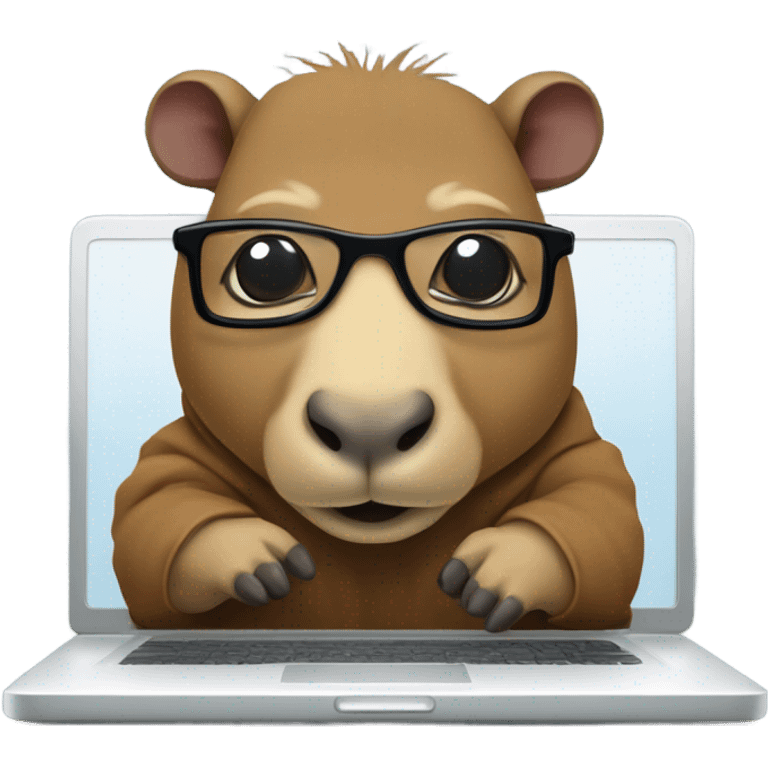 Nerdy cute capybara with its distinct large dark snout, big eyes, with glasses wearing a hoodie and coding on a laptop  emoji