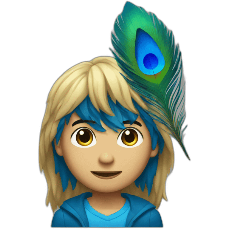 A blue boy with long hair and peacock feather emoji