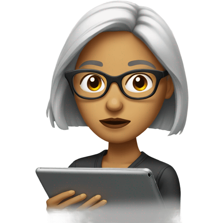 Woman with glasses thinking on an iPad emoji