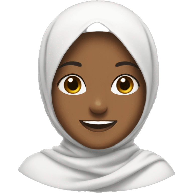 A brown-skinned girl wearing a white hijab smiles emoji