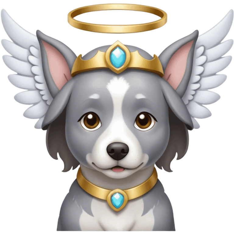 A gray dog with white spots and brow eyes in heaven with wings and a halo emoji