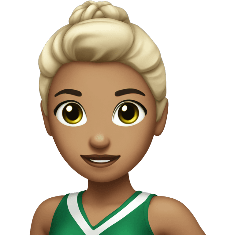 cheerleader with black hair in a high ponytail, somewhat tan skin, with a green and black bow emoji