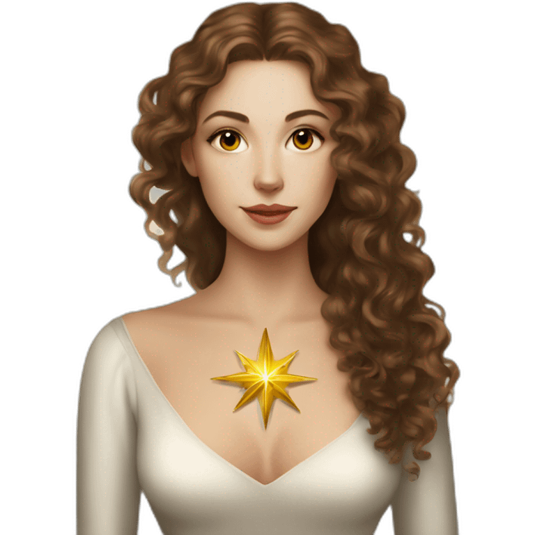 white young elegant woman with long brown curls and a tarot card that has a golden star emoji