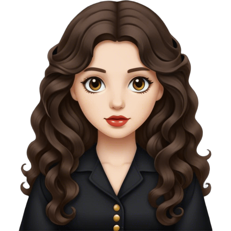 Brunette with long wavy  hair in black vintage  emoji