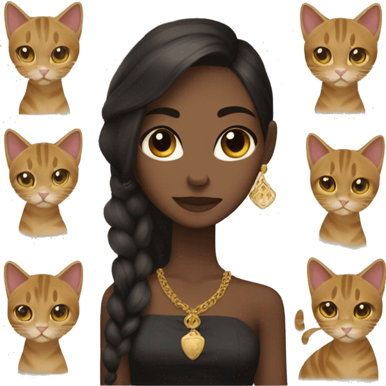 Beautiful skinny woman long dark brown hair in dark dress with gold earrings hug bengal cat emoji