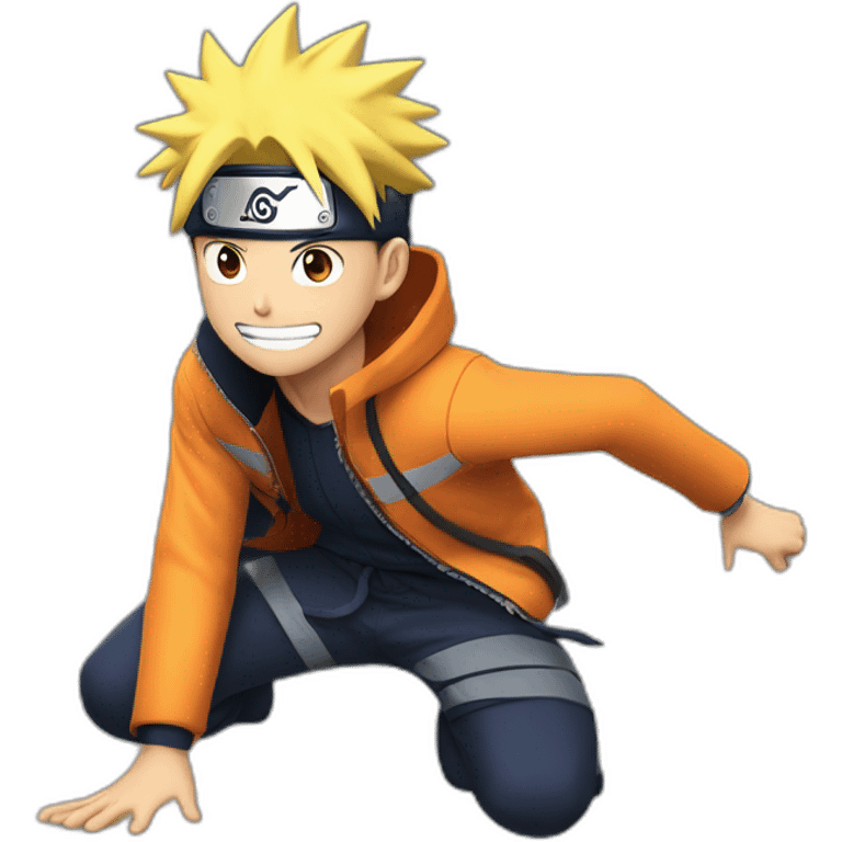 a photo of a naruto correndo de um homem aranha soltando teia emoji