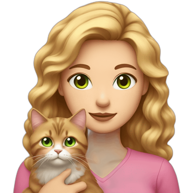 woman with green eyes and long wavy blonde hair in a pink shirt is holding a very fluffy and fat brown cat emoji