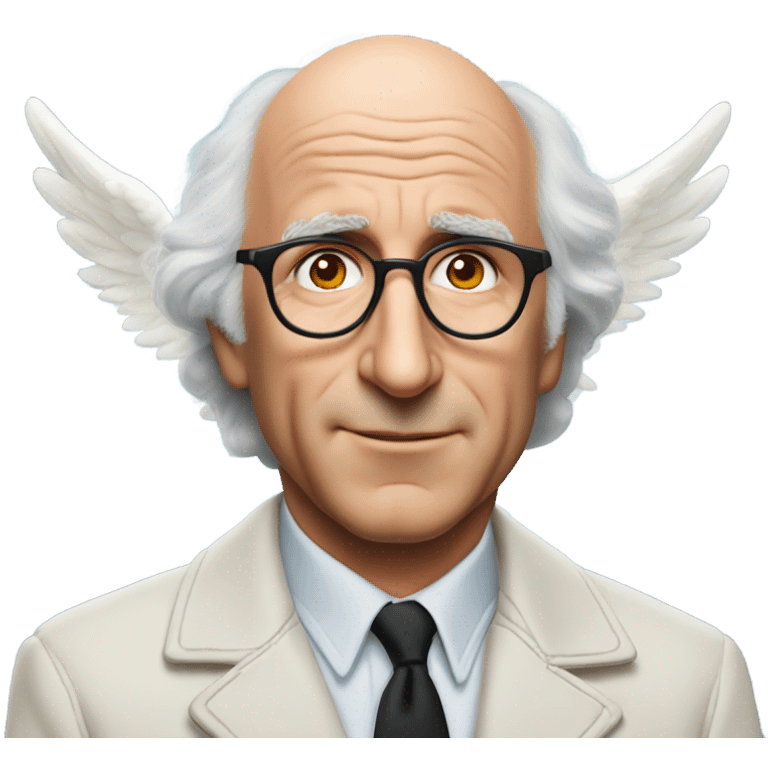 Larry David  in jacket portrait with an angel halo emoji