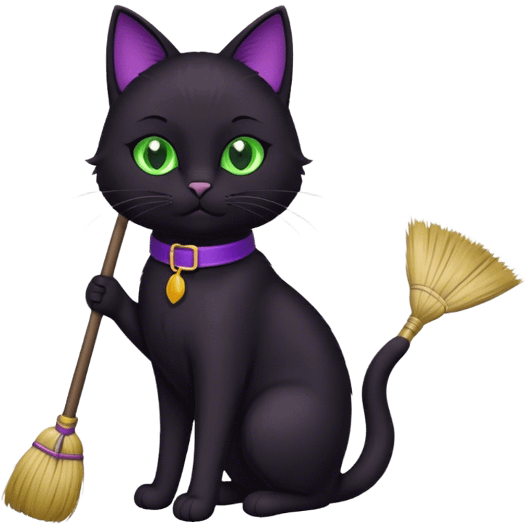 black  cat with a broom, purple collar emoji