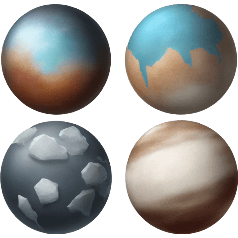 A planet, with icy surface, mostly white, light brown, red brown, grayish blue, and dark charcoal, reflecting its icy plains, organic-rich regions, and rocky surfaces. emoji