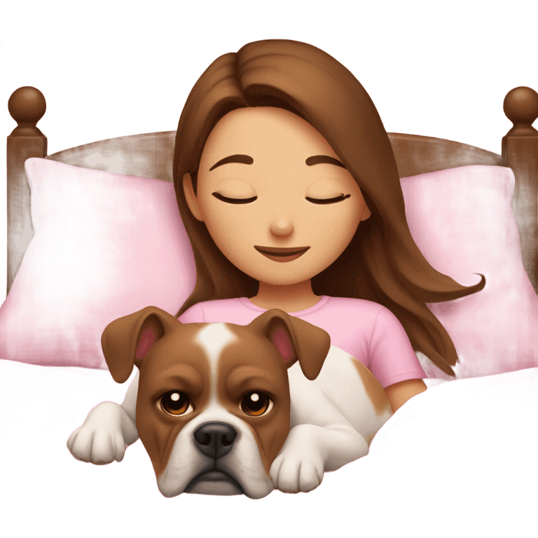  girl in pink bed with brown hair and sleeping bulldog emoji