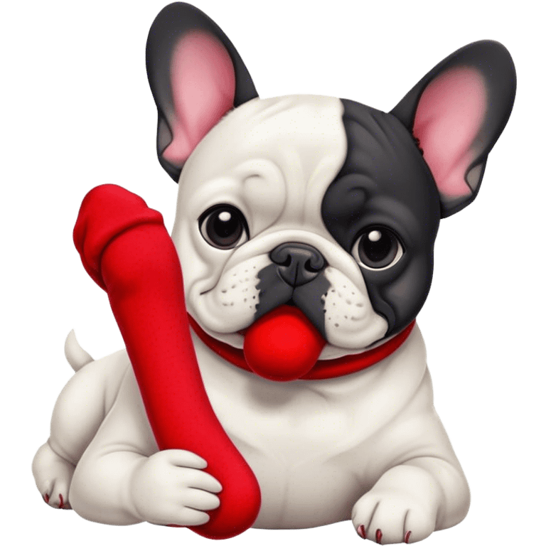 Black and white Bouledogue français eating a red sock  emoji