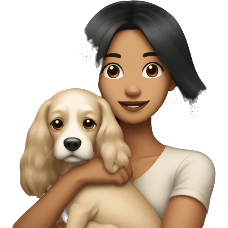 pretty woman with very long black hair and caramel skin hugging a beige dog emoji