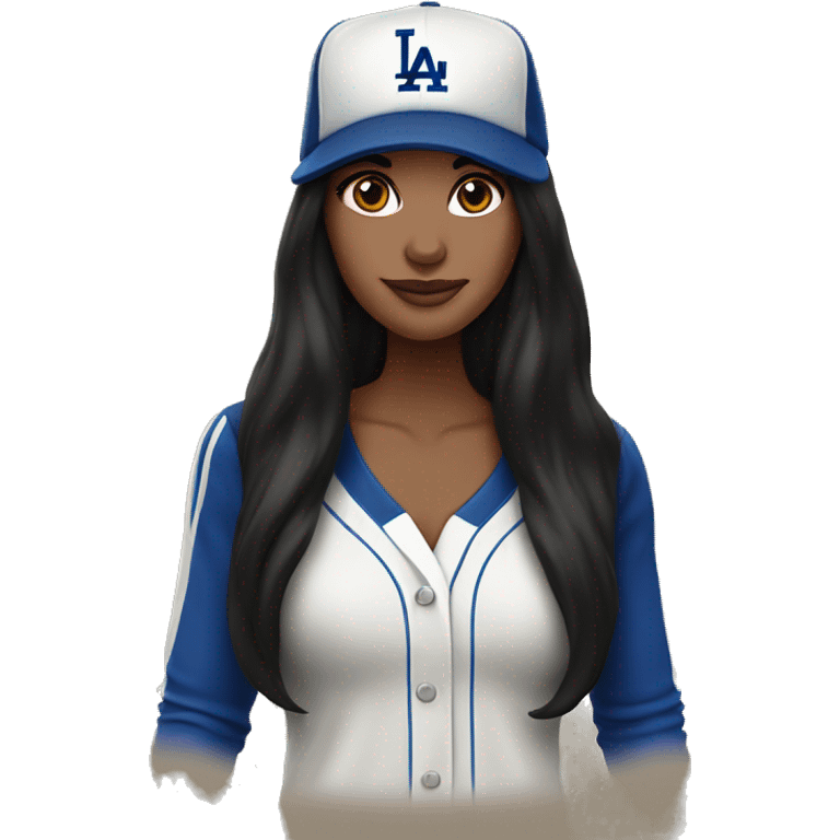 Woman, long black hair, fair skin, brown eyes, LA Dodgers hat, birthday party emoji