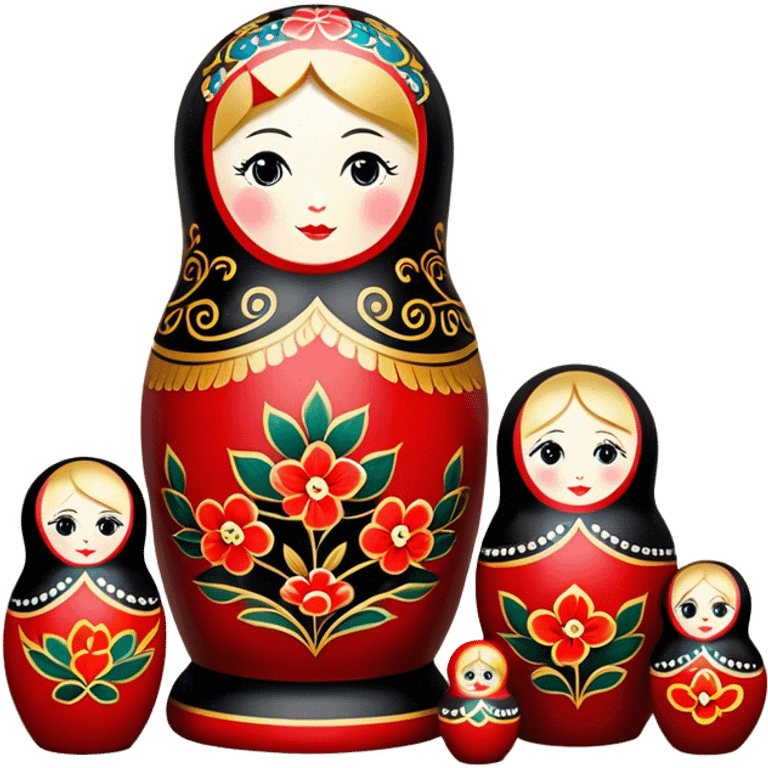 Wood painting icon, painted wooden matryoshkas (nesting dolls) of various sizes, vase, and small wooden box, visible carving tools, paintbrushes, traditional patterns in bright colors like red, gold, and black, no finished artwork, just the crafting process, minimalistic style, clean lines, transparent background. emoji