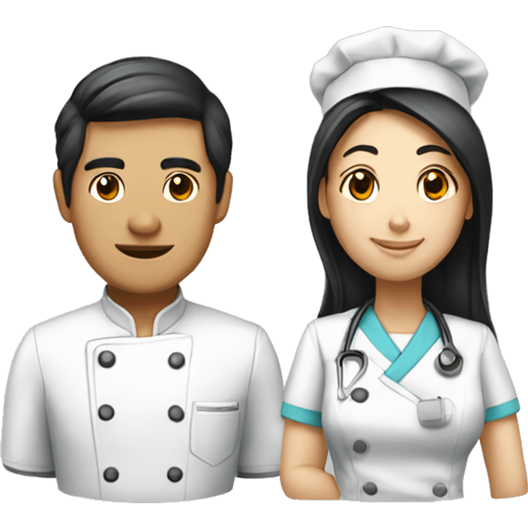 Asian couple: a male chef and a female long hair nurse emoji