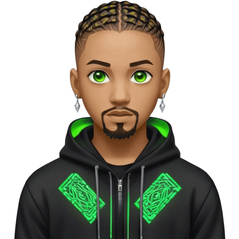 Light skinned African American male with green eyes as a cyberpunk hacker with cornrows hairstyle but short cornrows  with goatee facial hair with very small diamond stud earrings wearing a black hoodie emoji