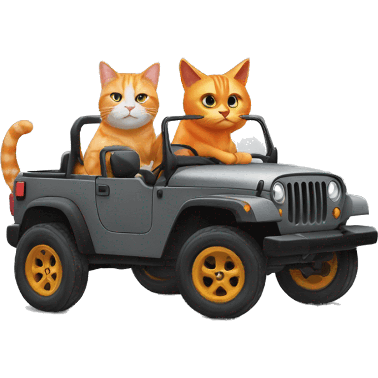 Orange cat, and gray cat, driving a black jeep emoji