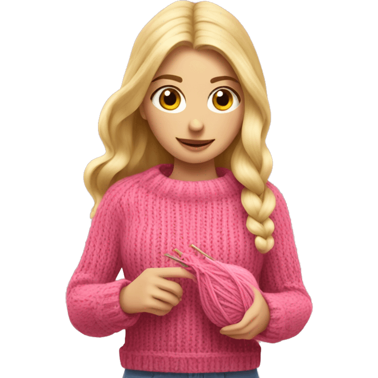 Blonde girl knitting with pink sweater knitting a hat emoji