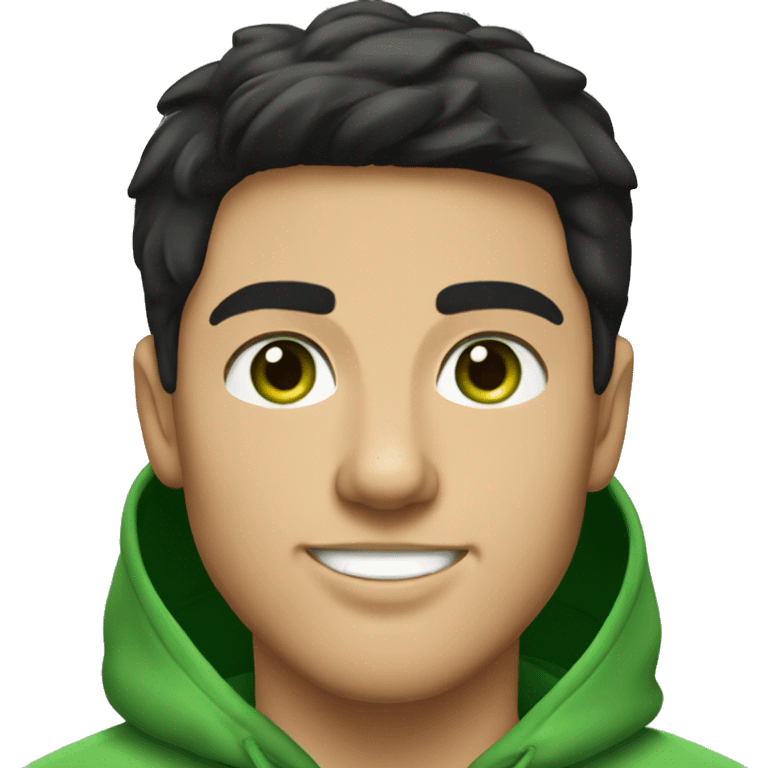 A young man with black hair and green eyes. Wearing a green hoodie. Smiling. Hairstyle like Tom Cruise emoji