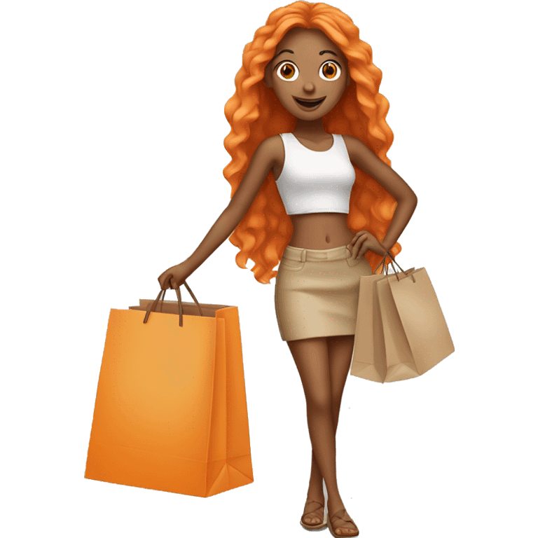 Tan girl with long orange hair wearing cute outfit holding shopping bags emoji