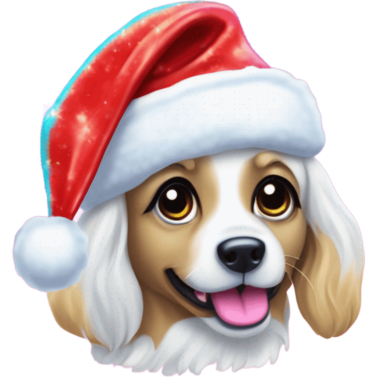 Lisa frank Christmas sparkle￼ dog with Santa hat emoji