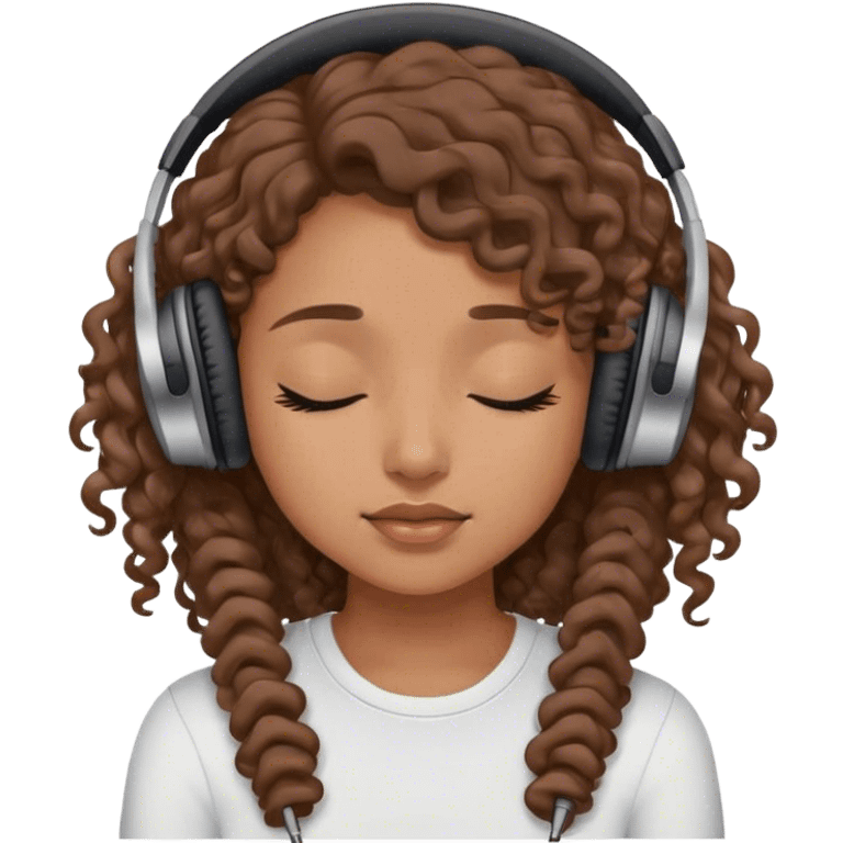 Light brown skin girl, long curly brown flat hair, eyes closed, headphones on listing to music emoji