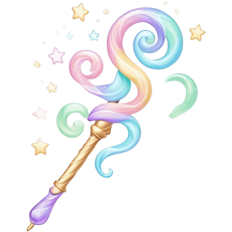 Cinematic cute magical wand, pastel swirls of color, tiny twinkling stars floating around, glowing softly, chubby rounded edges, whimsical and dreamy. emoji