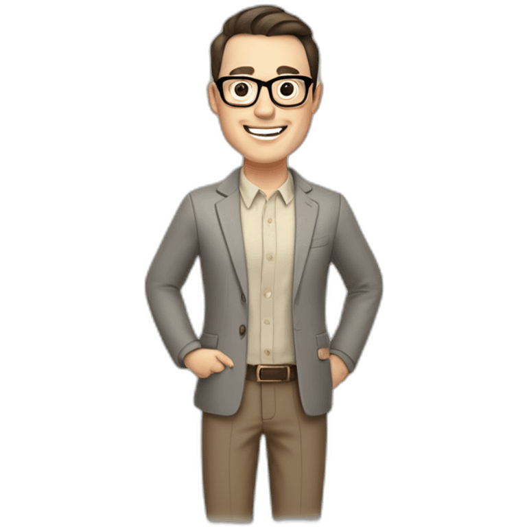 Joyful Full height Pale skinned Fit Man With dark brown hair in gray jacket, beige office shirt, Brown pants and vintage glasses. His thrumbs up emoji