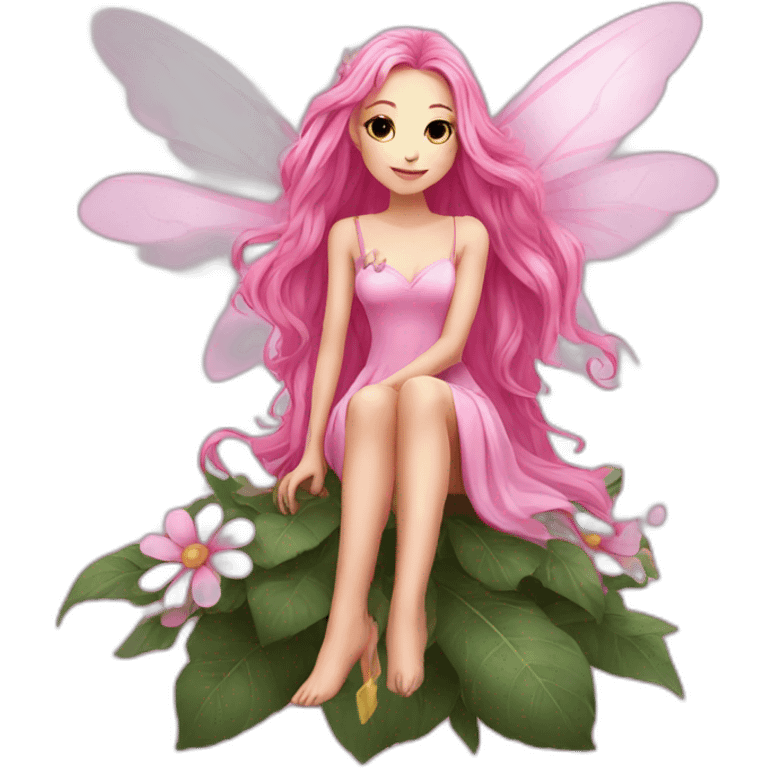 long pink hair fae pink dress with wings sitting on flower emoji