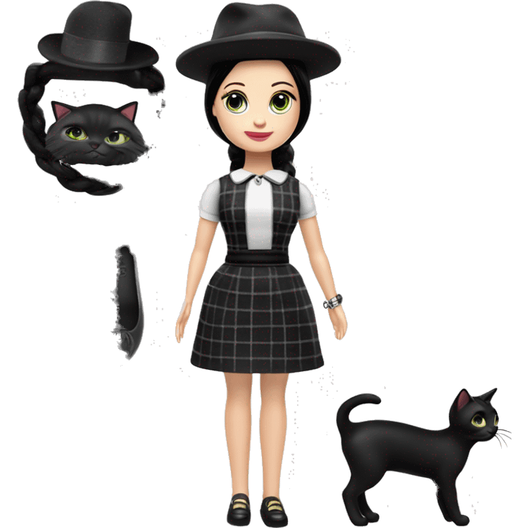 Check Please Francie doll. Wednesday Addams. Mini-skirt, pumps, bracelet, earrings, purse , hose, Cuddling up with Slippers the kitten. hat emoji