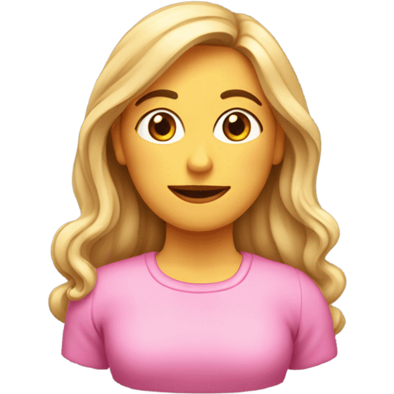 Mujer de cabello rubio enojada, con suéter rosa emoji