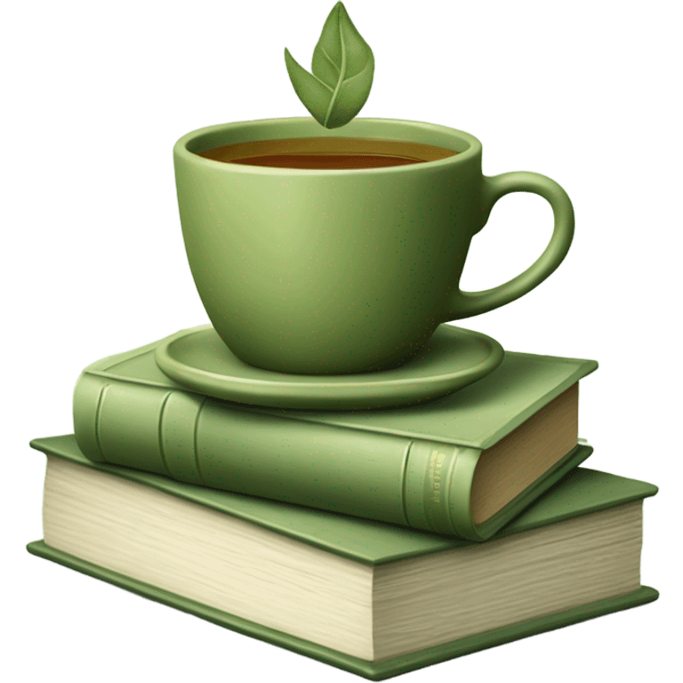 Sage green and olive green stack of books with a cup of tea on top emoji